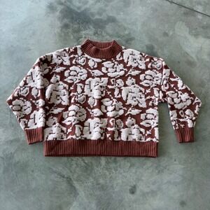 Garnet Hill 100% Recycled Cashmere Floral Sweater Rust Orange Mock Neck M